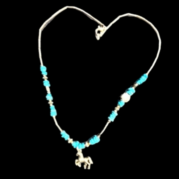 Jewelry - Vintage 70s Western turquoise chips & liquid silver horse necklace
